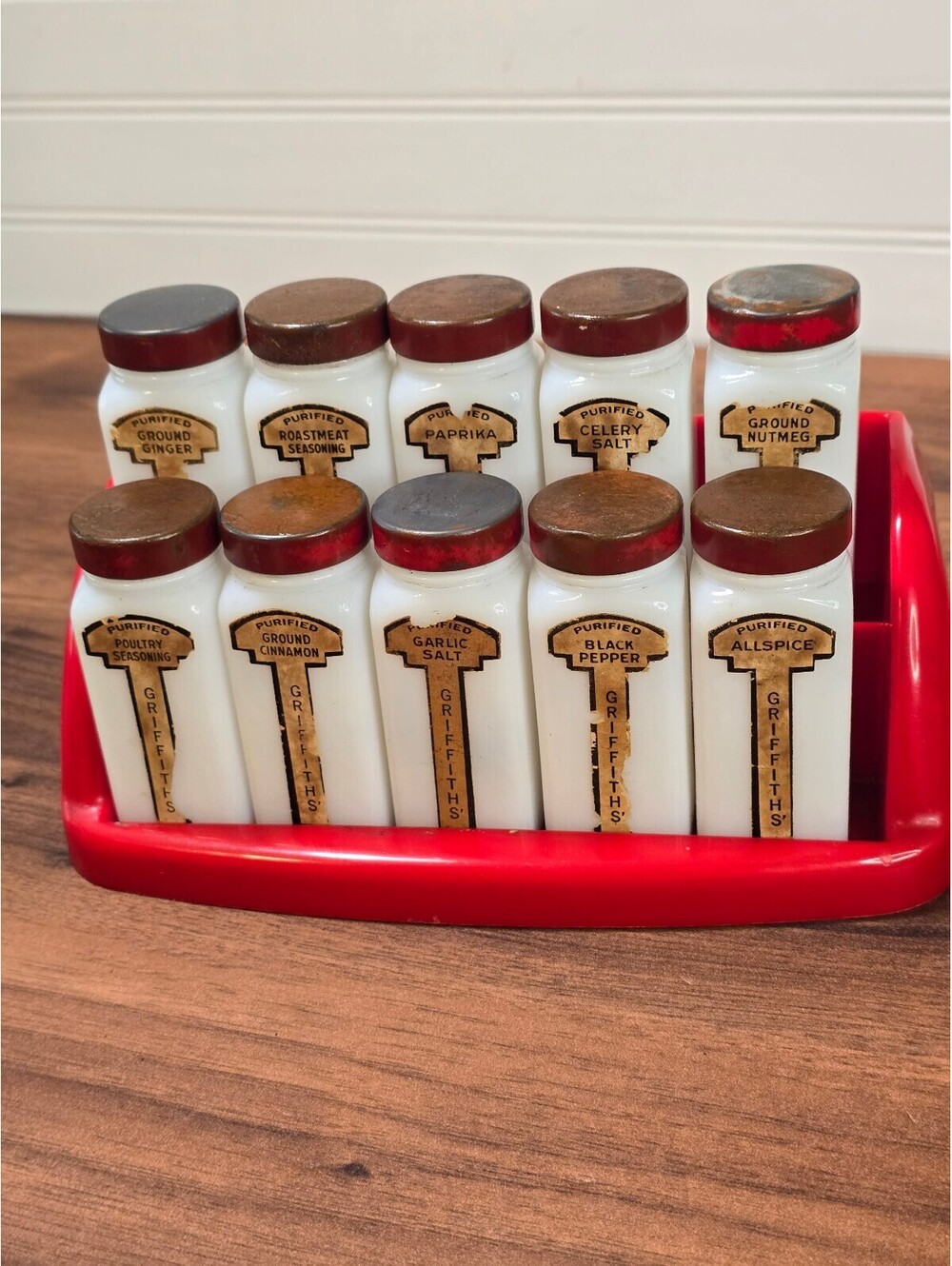 Vintage Griffith’s Milk Glass Spice Jars Red Plastic Rack Set of 10 Art Deco